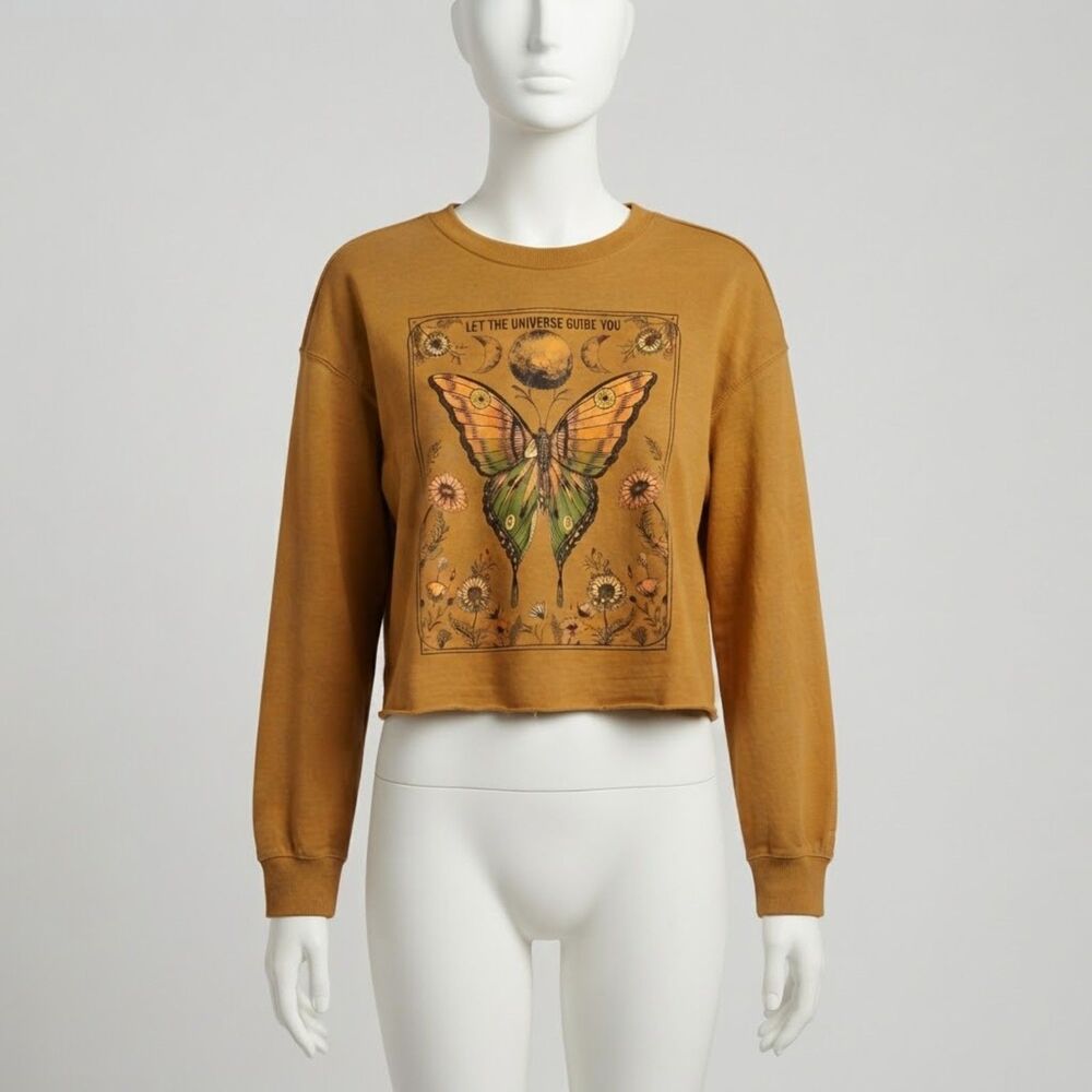 Zoe + Liv Let The Universe Guide You Mustard Sweatshirt M Celestial Whimsigoth